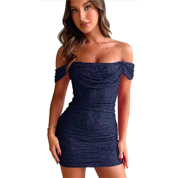 Fashion2Fashion Dresses & Skirts - Off shoulder sequin sparkly Party homecoming Navy Blue dress Size 2 Cocktail